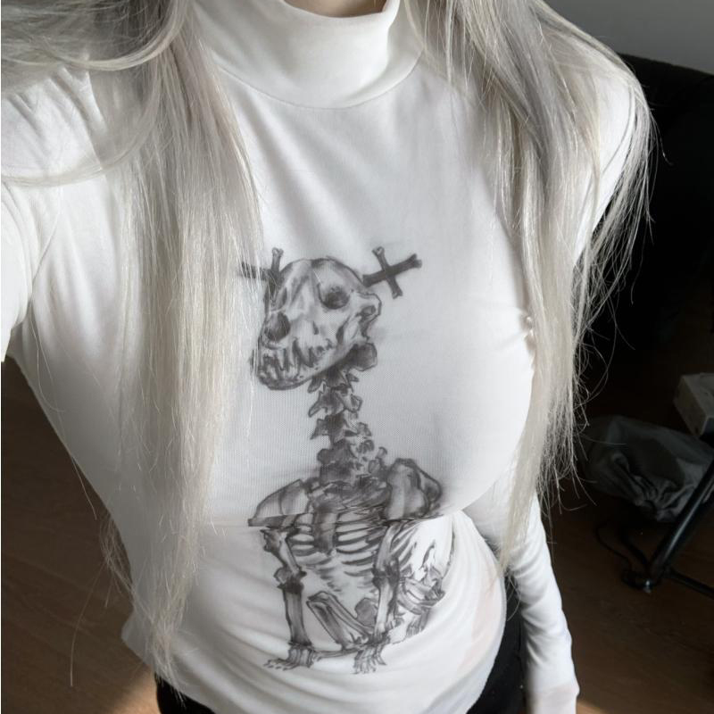 Turtleneck Knit 90S - Готическая тонкая водолазка с черепом в